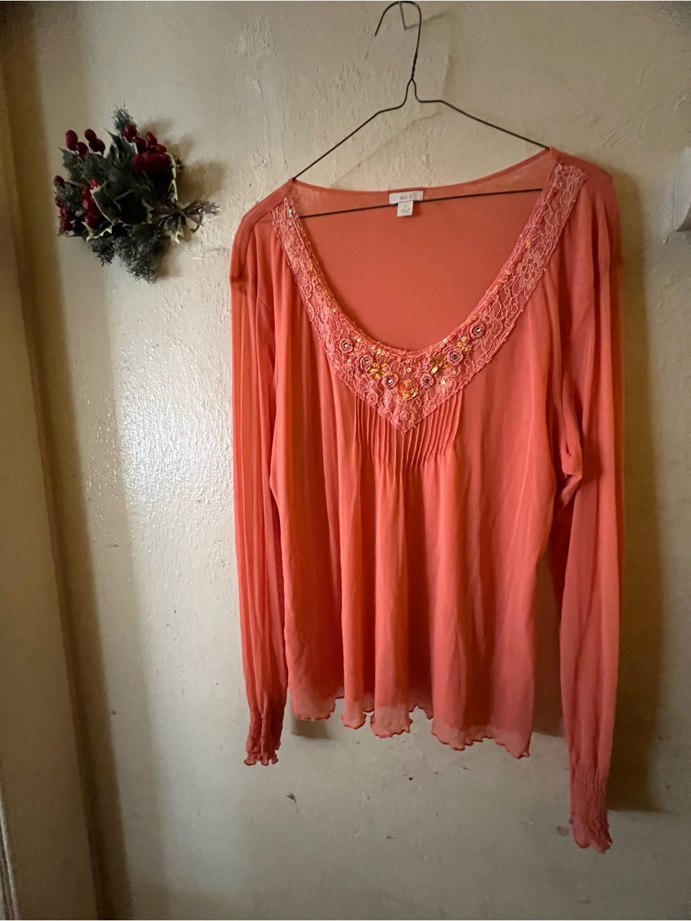Apt. 9 Coral Embroidered V-Neck Long Sleeve Top